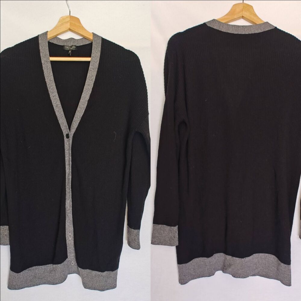 Rag & Bone Cardigan Ribbed V-Neck Black Grey Trim Small Merino‎ Wool Relaxed